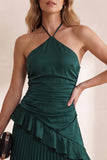Dark Green Satin Pleated A Line Long Wedding Guest Dress with Ruffles
