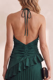 Dark Green Satin Pleated A Line Long Wedding Guest Dress with Ruffles
