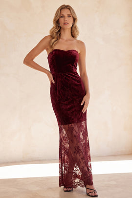 Burgundy Sheath Sweetheart Lace Long Velvet Holiday Dress