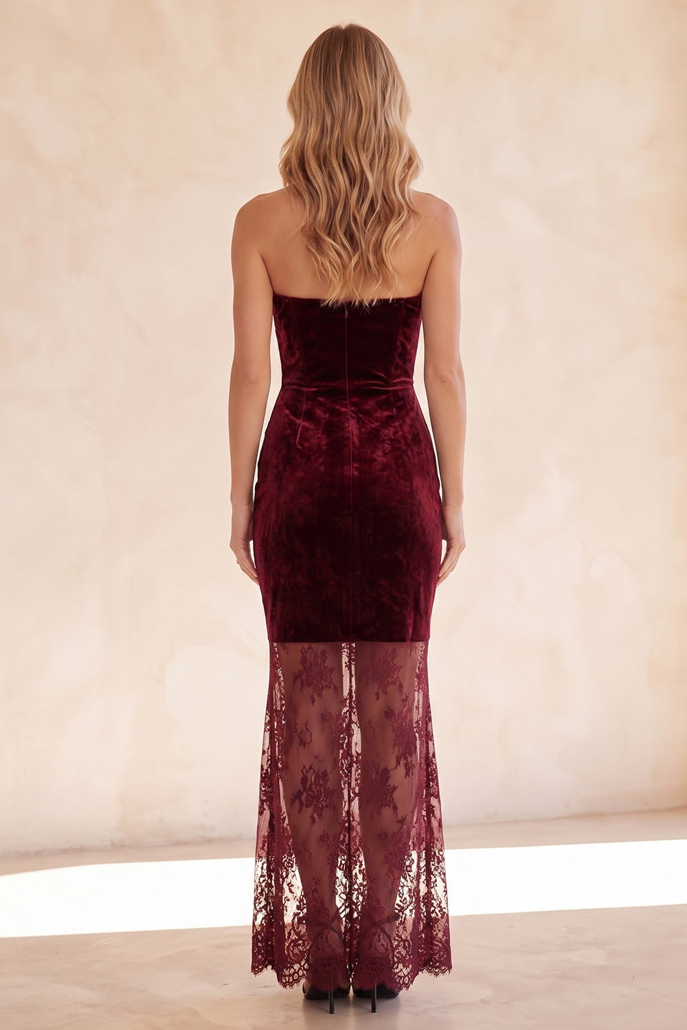 Burgundy Sheath Sweetheart Lace Long Velvet Holiday Dress