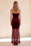 Burgundy Sheath Sweetheart Lace Long Velvet Holiday Dress