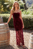 Burgundy Sheath Sweetheart Lace Long Velvet Holiday Dress