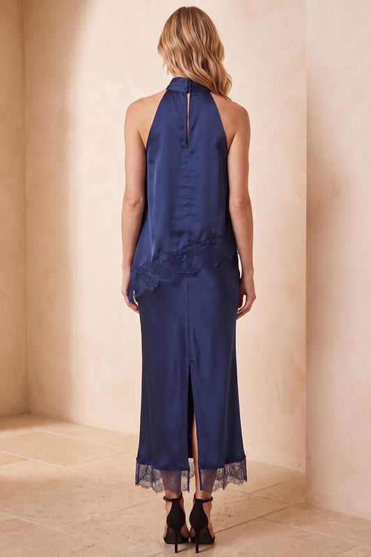 Royal Blue Satin Sheath Long Two Piece Wedding Guest Dress with Lace