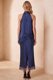 Royal Blue Satin Sheath Long Two Piece Wedding Guest Dress with Lace