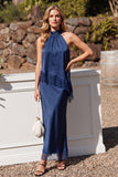 Royal Blue Satin Sheath Long Two Piece Wedding Guest Dress with Lace