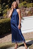Royal Blue Satin Sheath Long Two Piece Wedding Guest Dress with Lace