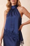 Royal Blue Satin Sheath Long Two Piece Wedding Guest Dress with Lace