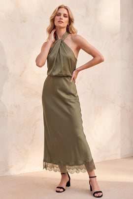 Olive Satin Sheath Halter Backless Long Wedding Guest Dress with Lace