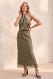 Olive Satin Sheath Halter Backless Long Wedding Guest Dress with Lace