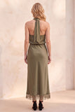 Olive Satin Sheath Halter Backless Long Wedding Guest Dress with Lace