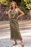 Olive Satin Sheath Halter Backless Long Wedding Guest Dress with Lace