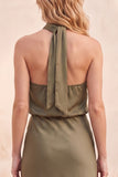 Olive Satin Sheath Halter Backless Long Wedding Guest Dress with Lace