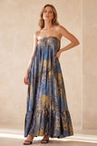 Blue Strapless Jacquard Pleated Long Wedding Guest Dress with Pocket
