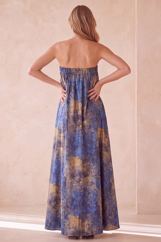 Blue Strapless Jacquard Pleated Long Wedding Guest Dress with Pocket