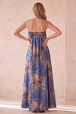 Blue Strapless Jacquard Pleated Long Wedding Guest Dress with Pocket