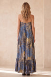 Blue Strapless Jacquard Pleated Long Wedding Guest Dress with Pocket