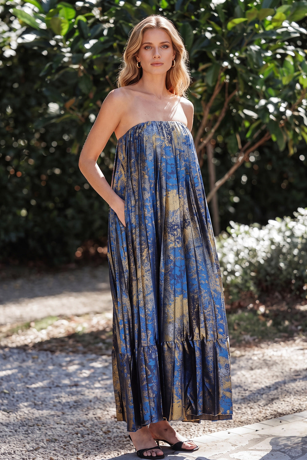 Blue Strapless Jacquard Pleated Long Wedding Guest Dress with Pocket
