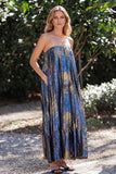 Blue Strapless Jacquard Pleated Long Wedding Guest Dress with Pocket