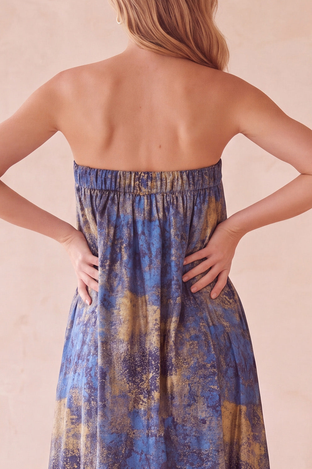 Blue Strapless Jacquard Pleated Long Wedding Guest Dress with Pocket