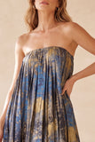Blue Strapless Jacquard Pleated Long Wedding Guest Dress with Pocket