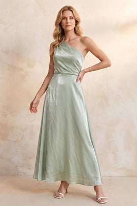 Light Green A-Line Ruched One Shoulder Satin Long Wedding Guest Dress