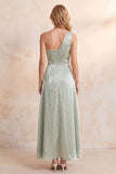 Light Green A-Line Ruched One Shoulder Satin Long Wedding Guest Dress