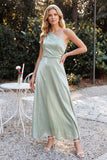 Light Green A-Line Ruched One Shoulder Satin Long Wedding Guest Dress