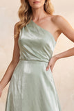 Light Green A-Line Ruched One Shoulder Satin Long Wedding Guest Dress