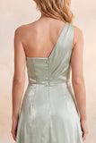 Light Green A-Line Ruched One Shoulder Satin Long Wedding Guest Dress