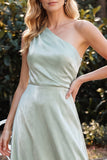 Light Green A-Line Ruched One Shoulder Satin Long Wedding Guest Dress