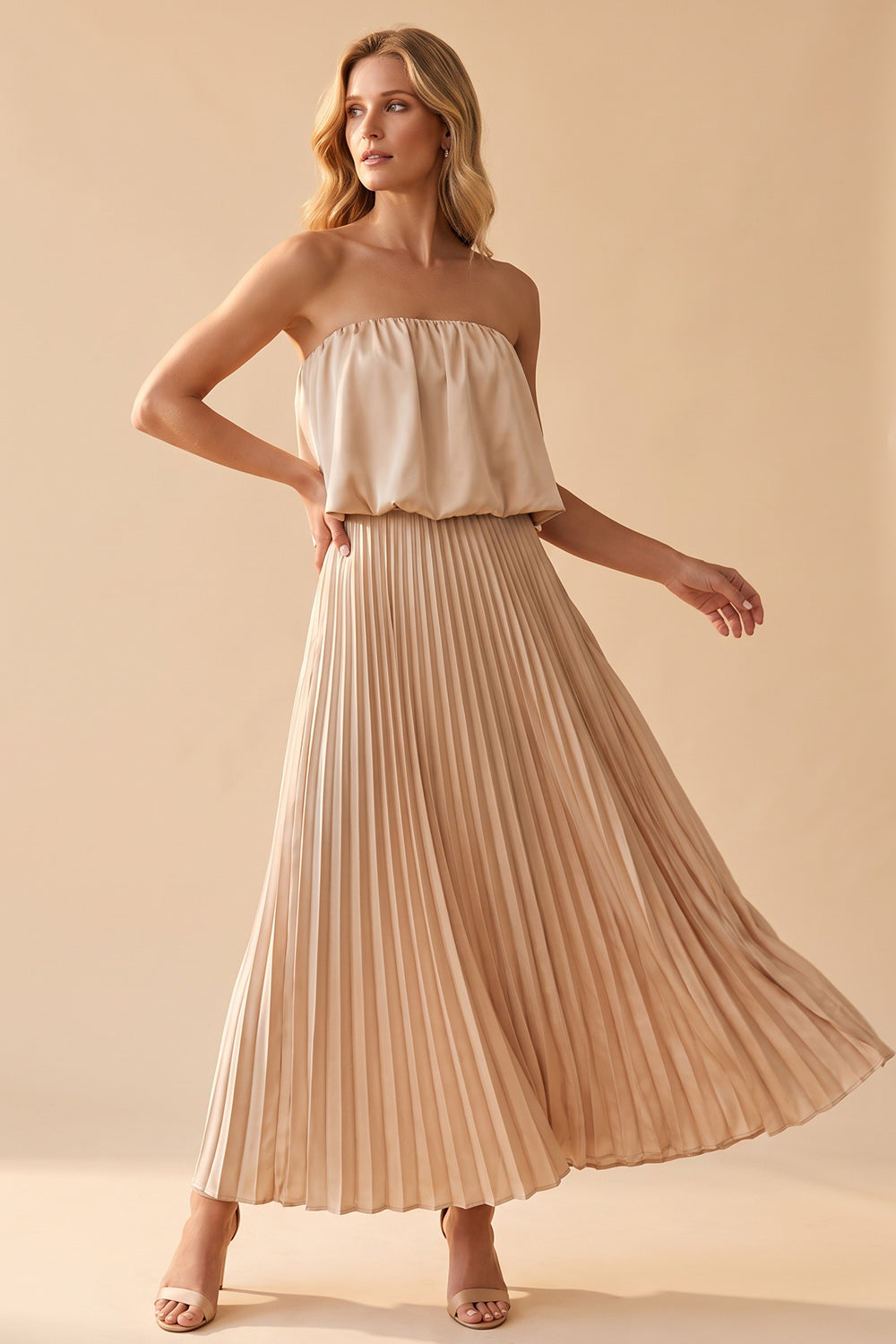Champagne Strapless Satin Pleated A Line Long Wedding Guest Dress