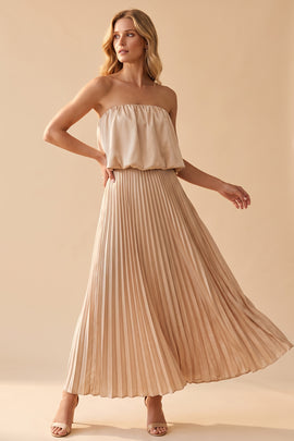Champagne Strapless Satin Pleated A Line Long Wedding Guest Dress