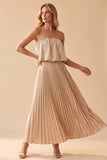 Champagne Strapless Satin Pleated A Line Long Wedding Guest Dress