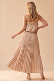 Champagne Strapless Satin Pleated A Line Long Wedding Guest Dress