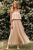 Champagne Strapless Satin Pleated A Line Long Wedding Guest Dress