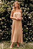Champagne Strapless Satin Pleated A Line Long Wedding Guest Dress