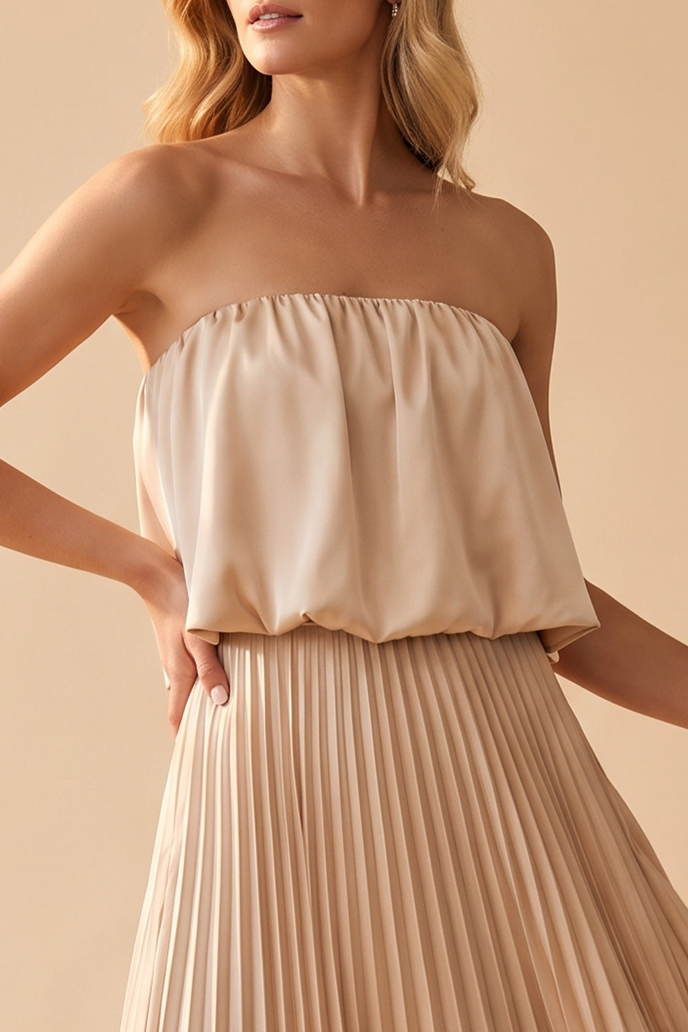 Champagne Strapless Satin Pleated A Line Long Wedding Guest Dress