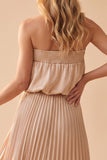 Champagne Strapless Satin Pleated A Line Long Wedding Guest Dress