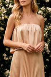 Champagne Strapless Satin Pleated A Line Long Wedding Guest Dress
