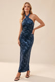 Navy Floral Sheath Ruched Halter Long Velvet Wedding Guest Dress