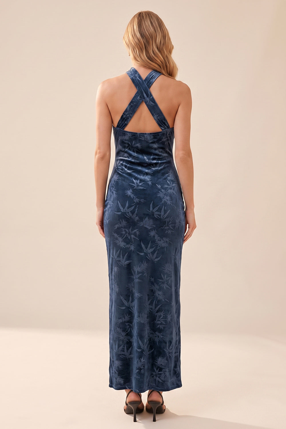 Navy Floral Sheath Ruched Halter Long Velvet Wedding Guest Dress