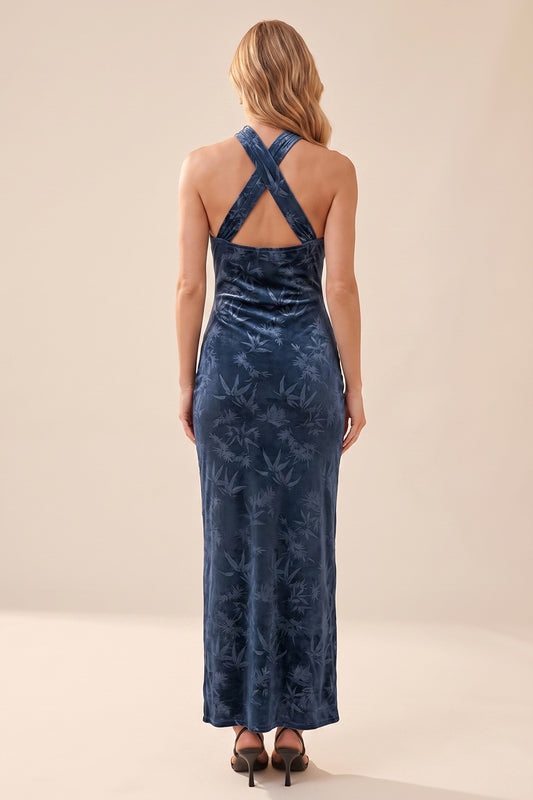 Navy Floral Sheath Ruched Halter Long Velvet Holiday Dress