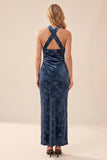 Navy Floral Sheath Ruched Halter Long Velvet Wedding Guest Dress