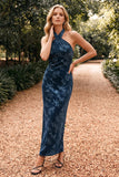 Navy Floral Sheath Ruched Halter Long Velvet Wedding Guest Dress