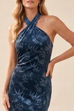 Navy Floral Sheath Ruched Halter Long Velvet Wedding Guest Dress