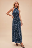 Navy Floral Halter Keyhole Back Sheath Long Velvet Wedding Guest Dress