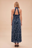 Navy Floral Halter Keyhole Back Sheath Long Velvet Wedding Guest Dress