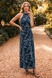 Navy Floral Halter Keyhole Back Sheath Long Velvet Wedding Guest Dress