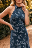 Navy Floral Halter Keyhole Back Sheath Long Velvet Wedding Guest Dress