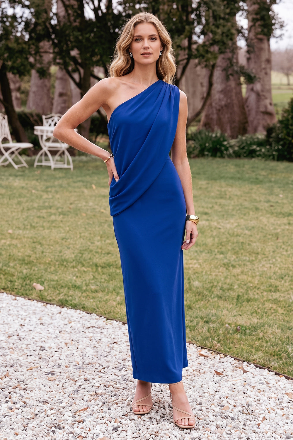 Royal Blue Sheath One Shoulder Ruched Long Wedding Guest Dress